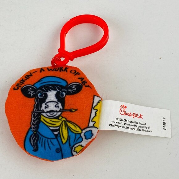 Chick-Fil-A 2019 Cow Artist Painter Plush Round Keychain Work Of Art Collectible - Picture 3 of 5